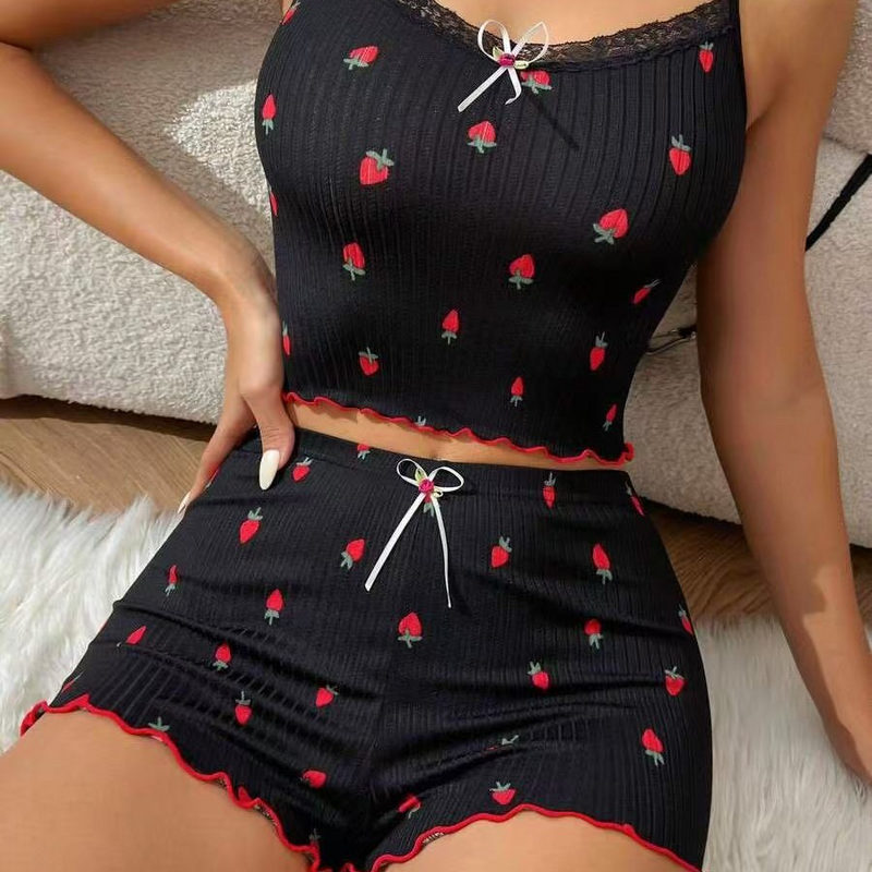 Women's Pajamas Set - New Printed Large Pit Striped Summer Drawstring Shorts Strawberry Printed Two-piece Lace