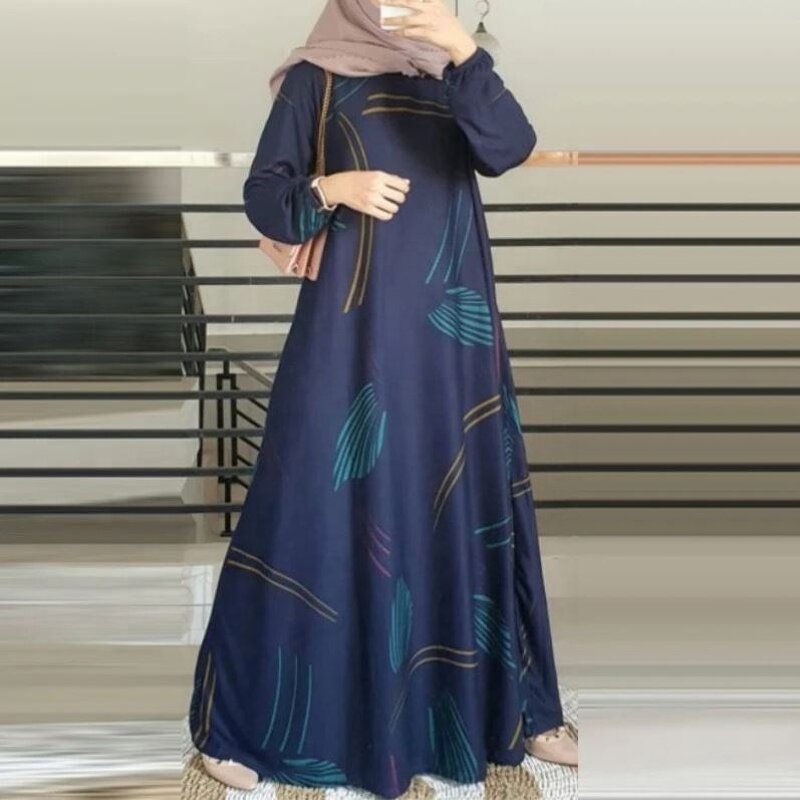 Women's Robe Dress - Fashion Print Muslim O-Neck Long Sleeve Arabia Turkey Malay Traditional Clothing Casual