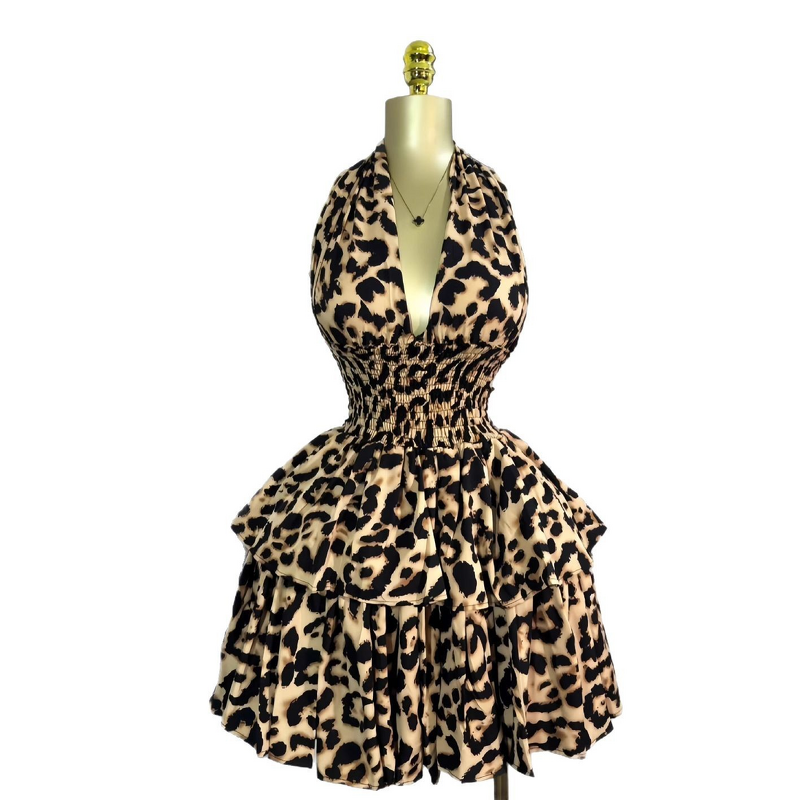 Women's Dress - Early Summer New Sleeveless Halter Leopard Print Anti-Static Sweet Empire Waist-Cinching Ruched Puff