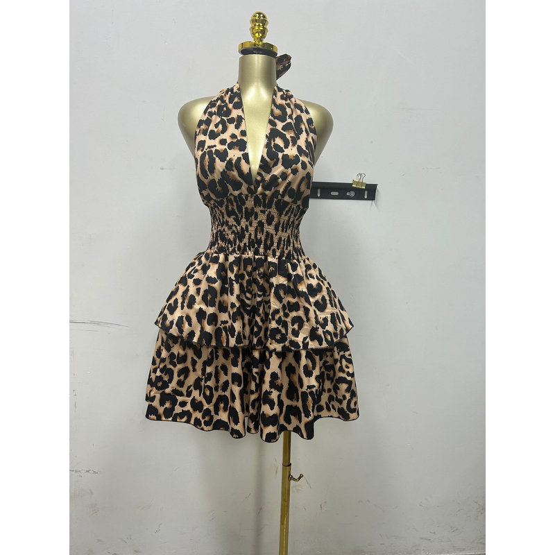 Women's Dress - Early Summer New Sleeveless Halter Leopard Print Anti-Static Sweet Empire Waist-Cinching Ruched Puff