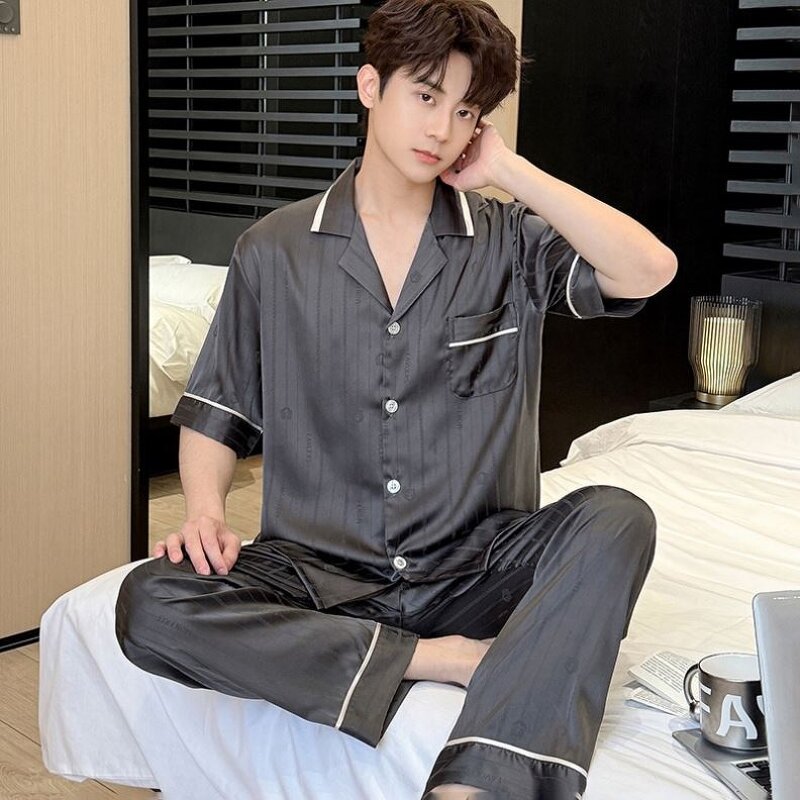 Men's Robe Set - High-End Satin Summer Ice Silk Pajamas Short Sleeves Turn-Down Collar Breathable Plus Size