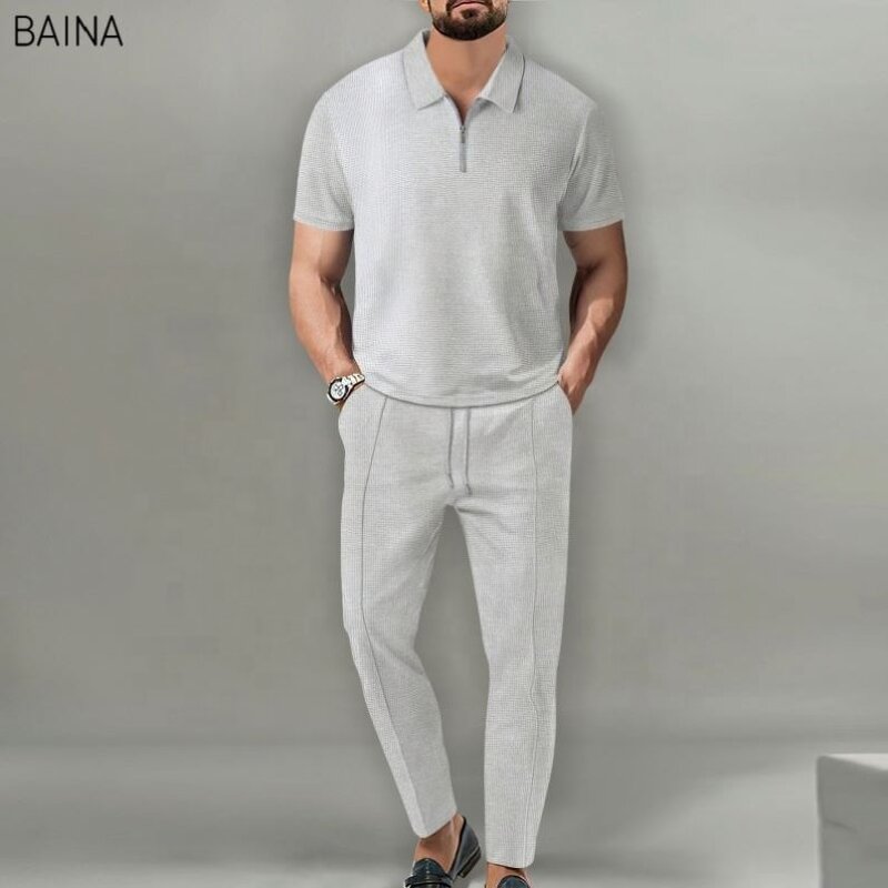 Men's Clothing Set - Summer Streetwear Two-Piece Set Solid Color Collar Short-Sleeved Turtleneck Zipper T-Shirt