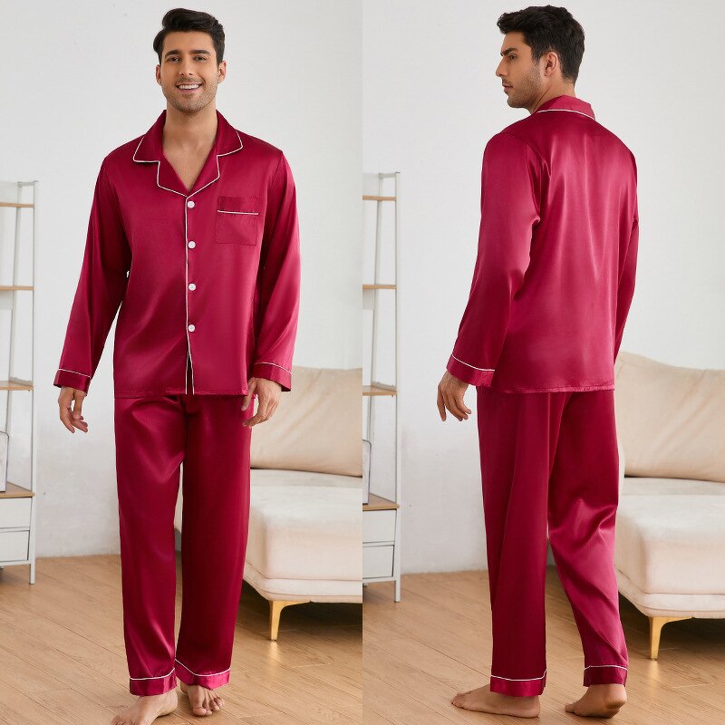 Men's Robes Set - Ice Silk Spring and Autumn Wedding Red Long Sleeve Trousers Home Clothes