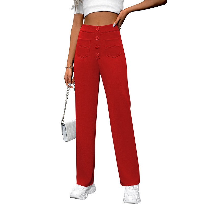 Women's Pants - European American Spring Autumn New High Waist Pocket Wide Leg Button Casual Loose