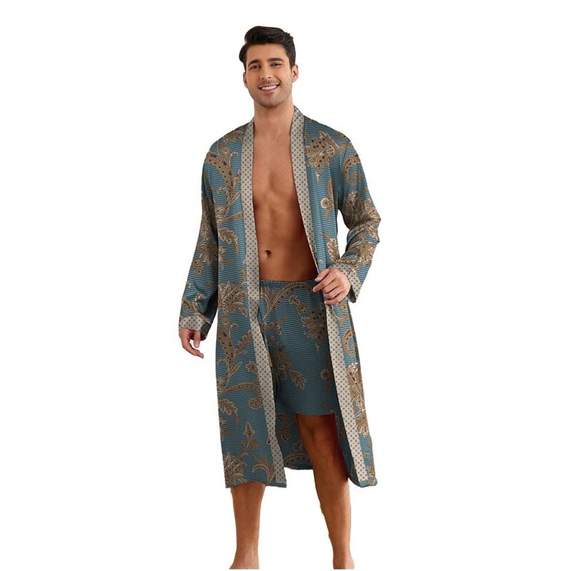 Men's Nightgown - Long-Sleeved Shorts Home Wear Suit New Printed Leopard Pattern Robe Bathrobe