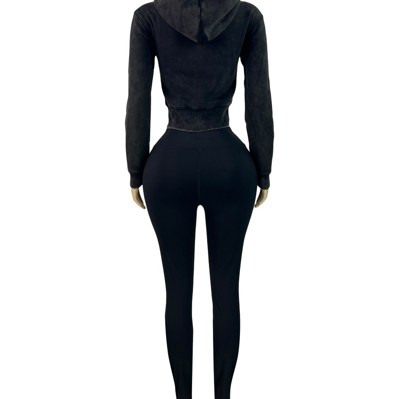 Women's Clothing Set - European American Style Sporty Washed Zip-Up Fleece-Inside Hoodie + Yoga Pants Sports