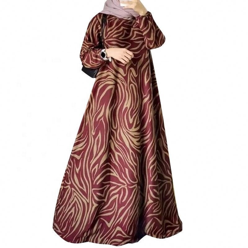 Women's Dress - Fashion Print Muslim Mid Eastern Floor Length Robe Long Sleeve O-Neck Casual