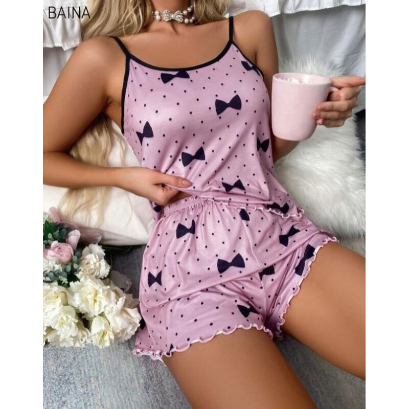 Women's 2pcs Set - Love Heart Print Cute Milk Silk Sexy