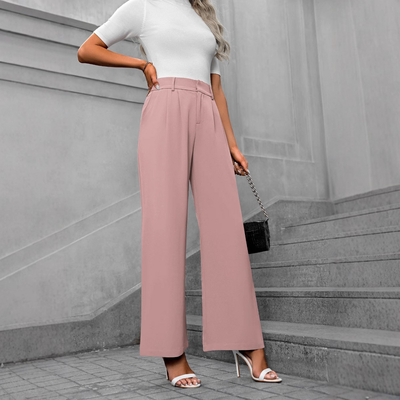 Women's Pants - European American Summer Fashion Elegant Commuter High-Waisted Loose Straight Wide-Leg Polyester