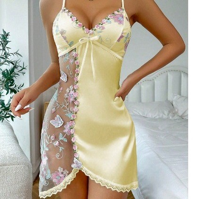 Women's Nightdress - New Sexy Autumn Floral Embroidered Lace Sheer V-neck Strap for Women Skirt Suit Style