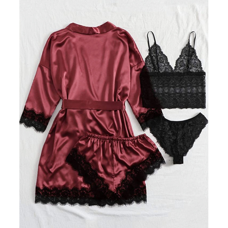 Women's Pajamas Set - European American Sexy Underwear Large Size Elastic Waist Four-Piece Set Polyester Satin