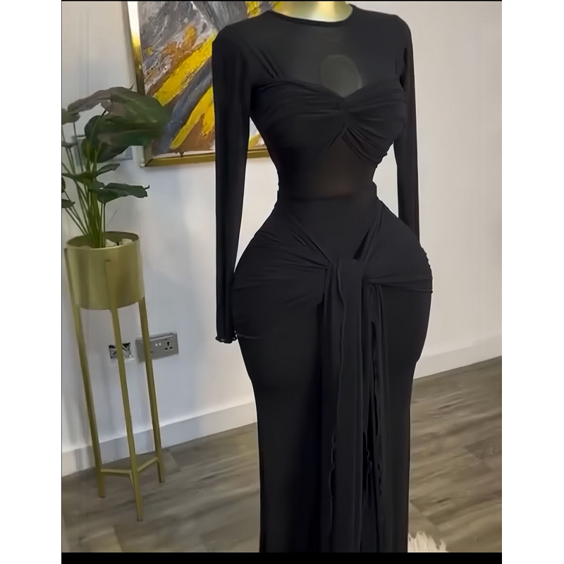 Women's Dress - Early Spring New Vintage Translucent Empire Waist Solid Color Long Sleeve Round Neck Bodycon Elegant