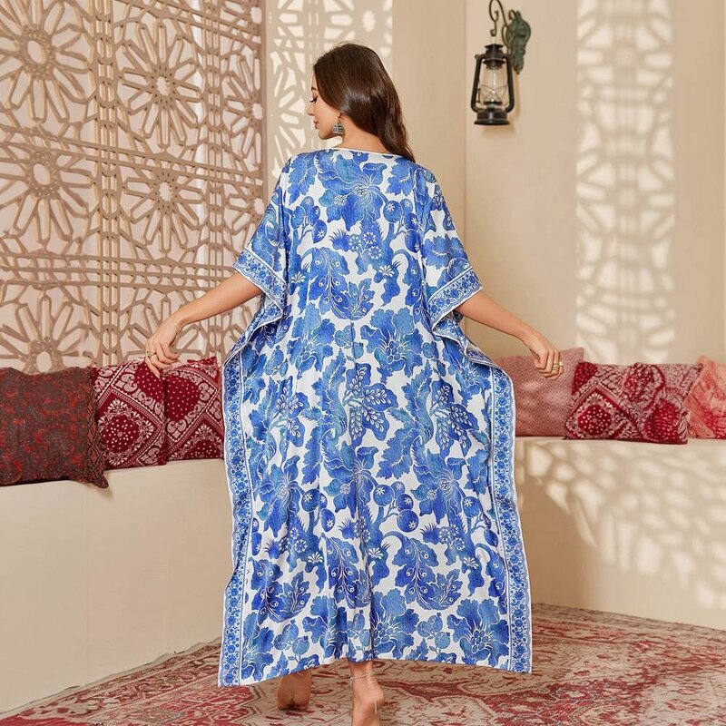 Women's Nightdress - Modest Satin New Plus Size Summer Cover-Up Robe Gorgeous Loose Printed Middle Eastern Style