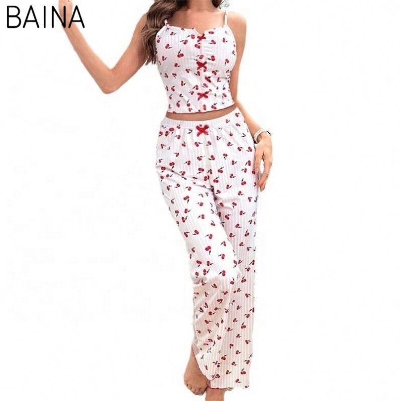 Women's Pajamas Set - O-Neck Print Contrast Lace Mesh Long Night Wear