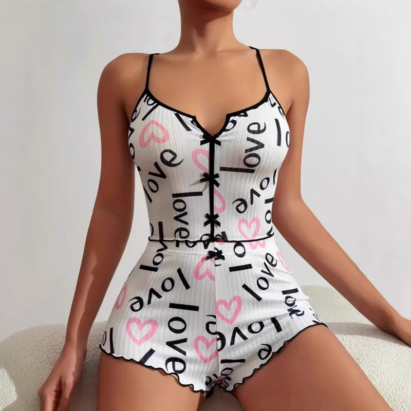 Women's Pajamas Set - New Arrival Spandex Spring Heart-Shaped Printed Color-Block Front Slit Strappy