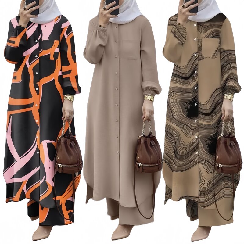 Women's Muslim Clothing Set - Casual Two Piece Set Saudi Arabian Mid East Robe Sleeve Button up Long Wide Leg Pants