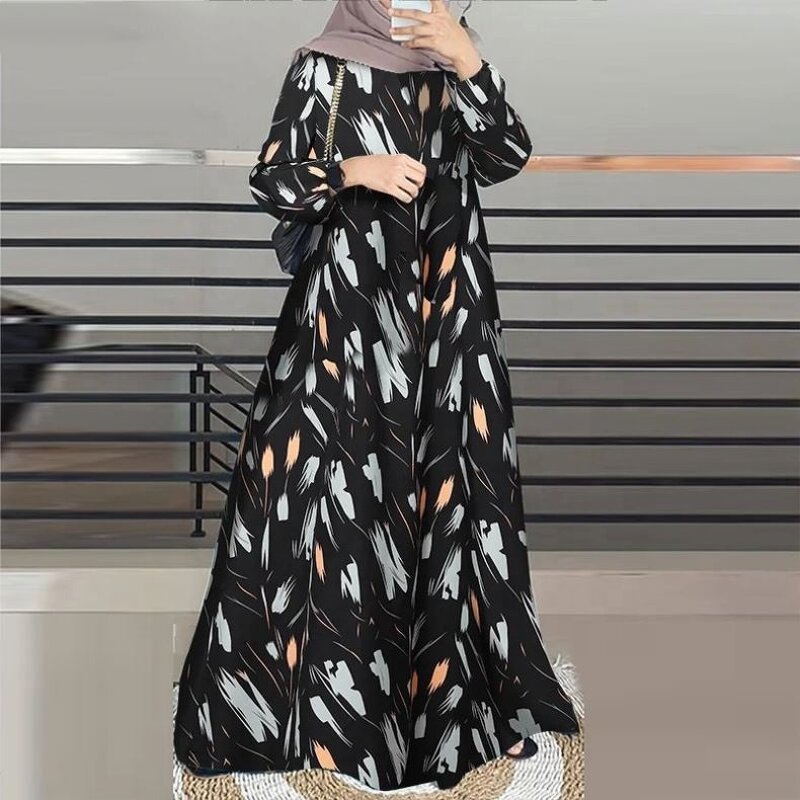 Women's Robe - Turkey O-Neck Sleeve Traditional Fashion Print Muslim Long Dress