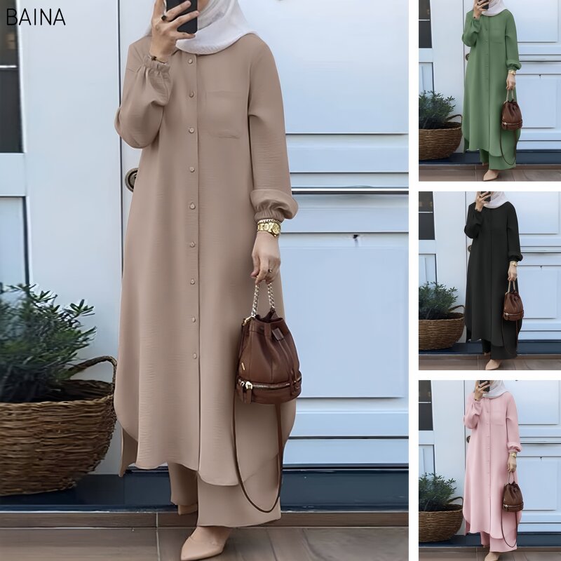 Women's Muslim Clothing Set - Casual Two Piece Set Saudi Arabian Mid East Robe Sleeve Button up Long Wide Leg Pants