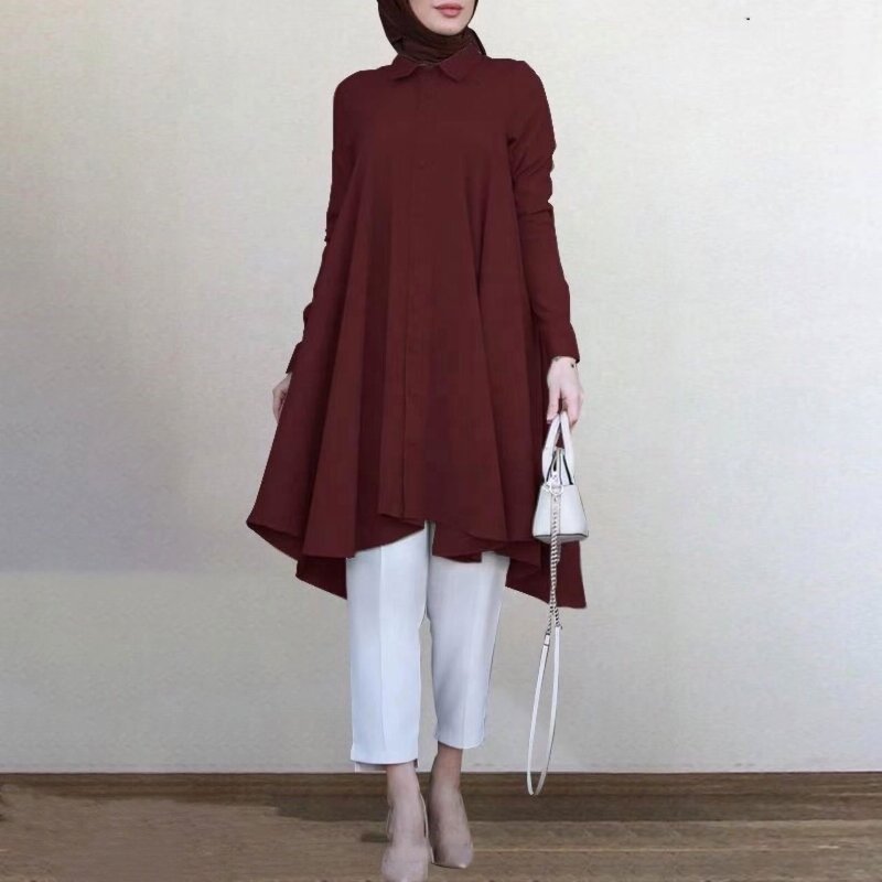 Women's Top - Muslim Long Lapel Collar Single Breasted Swallowtail Curved Hem Shirt Solid Loose Casual