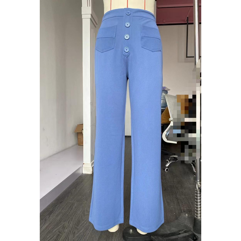 Women's Pants - European American Spring Autumn New High Waist Pocket Wide Leg Button Casual Loose