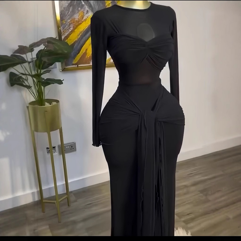 Women's Dress - Early Spring New Vintage Translucent Empire Waist Solid Color Long Sleeve Round Neck Bodycon Elegant