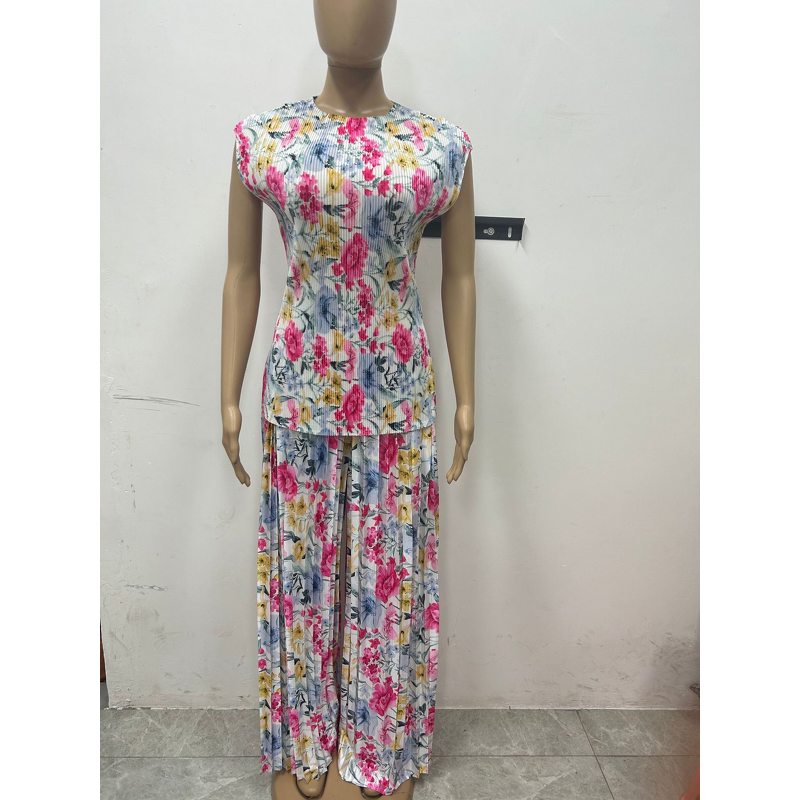 Women's Clothing Set - European American Spring New O-Neck Three-quarter Sleeve Loose Streetwear Printed Wide-leg