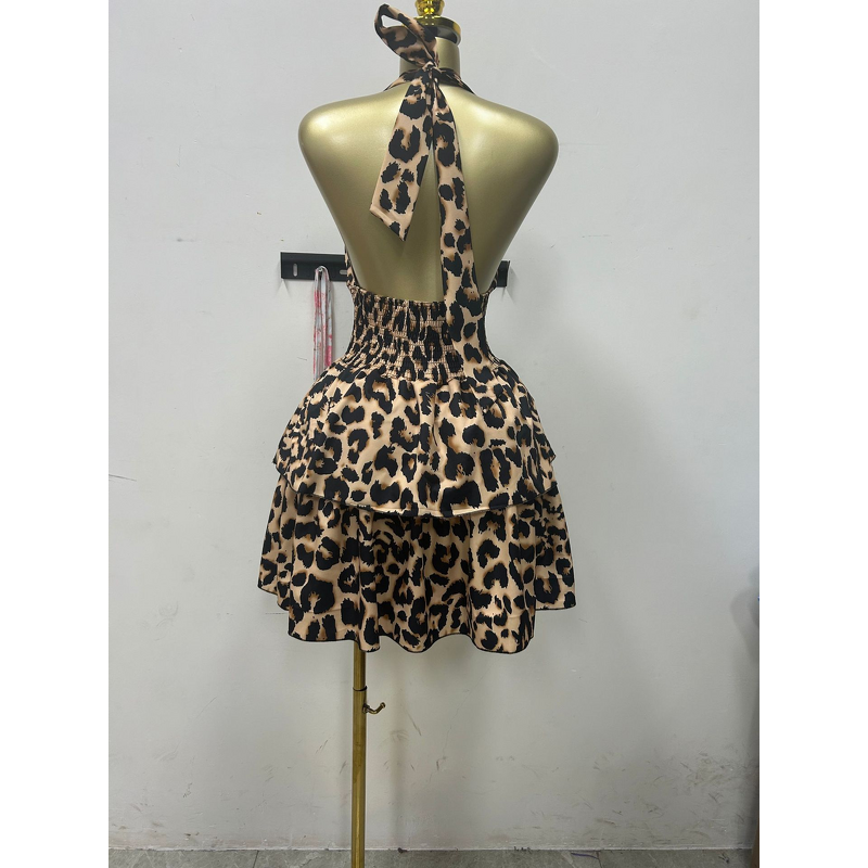 Women's Dress - Early Summer New Sleeveless Halter Leopard Print Anti-Static Sweet Empire Waist-Cinching Ruched Puff