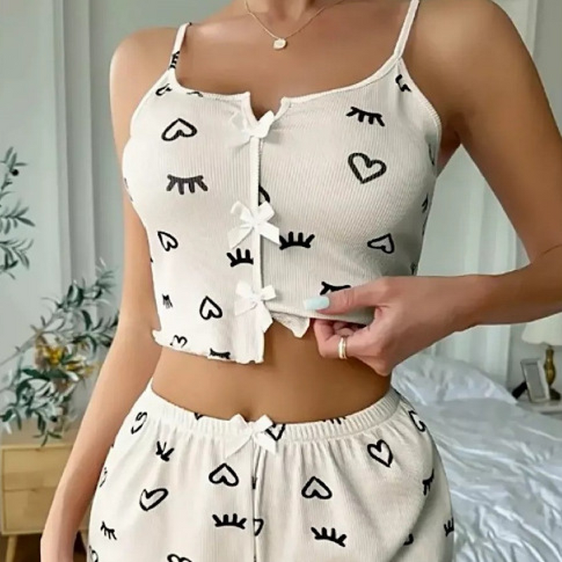Women's Pajamas Set - New Arrival Spandex Spring Heart-Shaped Printed Color-Block Front Slit Strappy