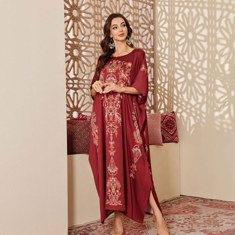 Women's Nightdress - Modest Satin New Plus Size Summer Cover-Up Robe Gorgeous Loose Printed Middle Eastern Style