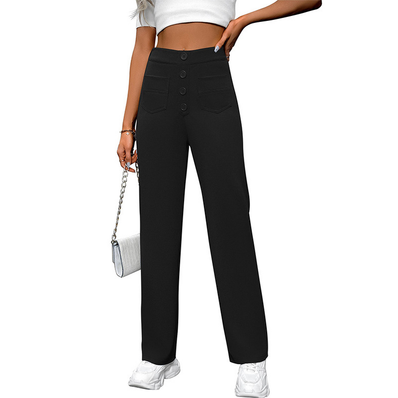 Women's Pants - European American Spring Autumn New High Waist Pocket Wide Leg Button Casual Loose