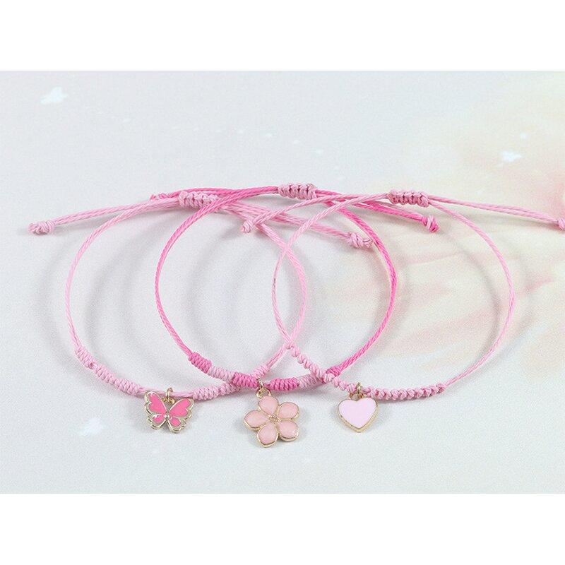 Braided Bracelet - Adjustable Pink Four-Leaf Clover Love Pink Butterfly Rope
