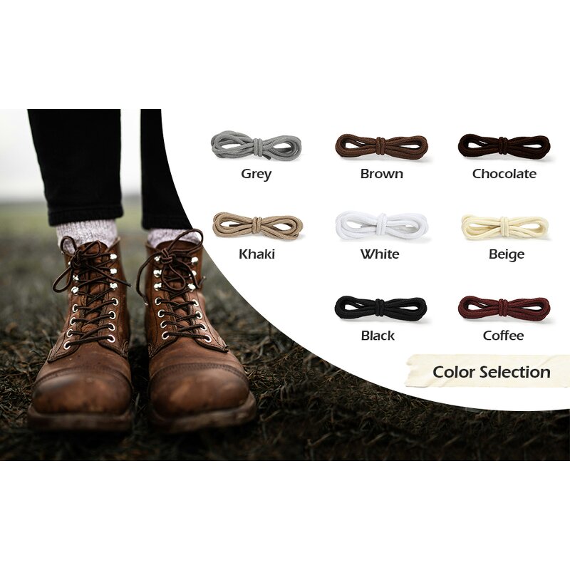 Boot Laces - Round for Outdoor Work & Hiking Pure Cotton Waxed for Adults Kids