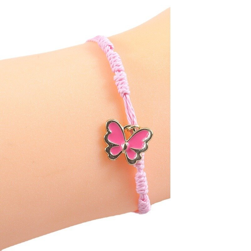 Braided Bracelet - Adjustable Pink Four-Leaf Clover Love Pink Butterfly Rope