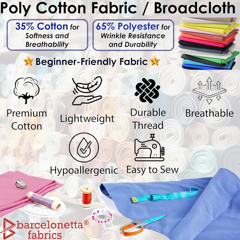Broadcloth Fabric - Breathable Poly Cotton 60" Wide for Sewing Clothing Lining