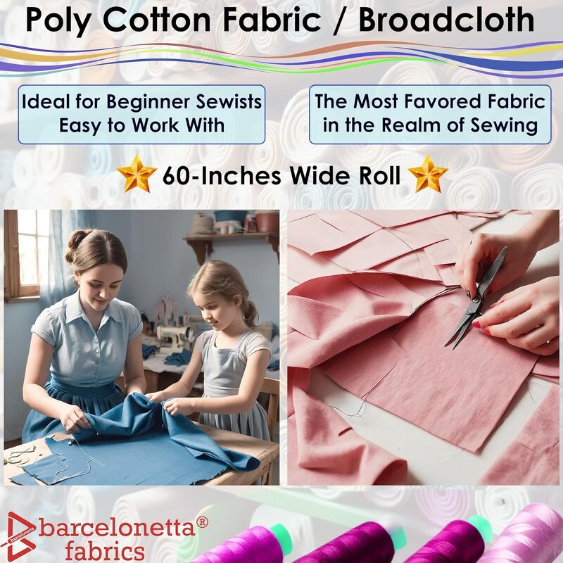 Broadcloth Fabric - Breathable Poly Cotton 60" Wide for Sewing Clothing Lining