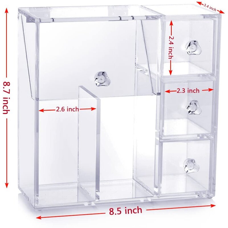 Makeup Brush Holder - Acrylic Organizer with 2 Brush Holders 3 Drawers Dustproof Box