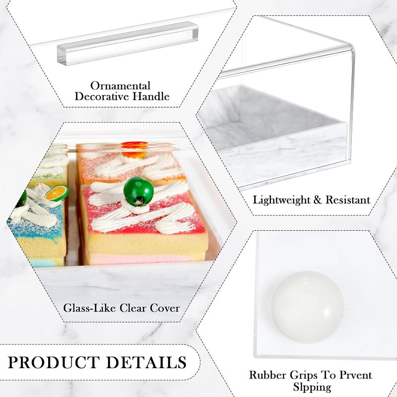 Cake Stand - Elegant Marbleized Grain Rectangular Acrylic with Lid Grey Serving Tray