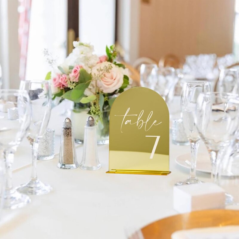 Wedding Table Numbers - Gold Mirror Acrylic 1-20 Stands 5"x7" Arched for Reception