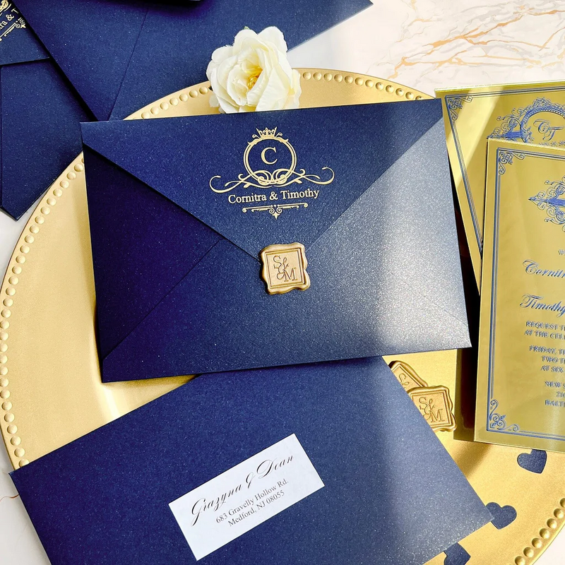Wedding Invitation - Gold and Navy Mirror Plastic Monogram Handmade Acrylic