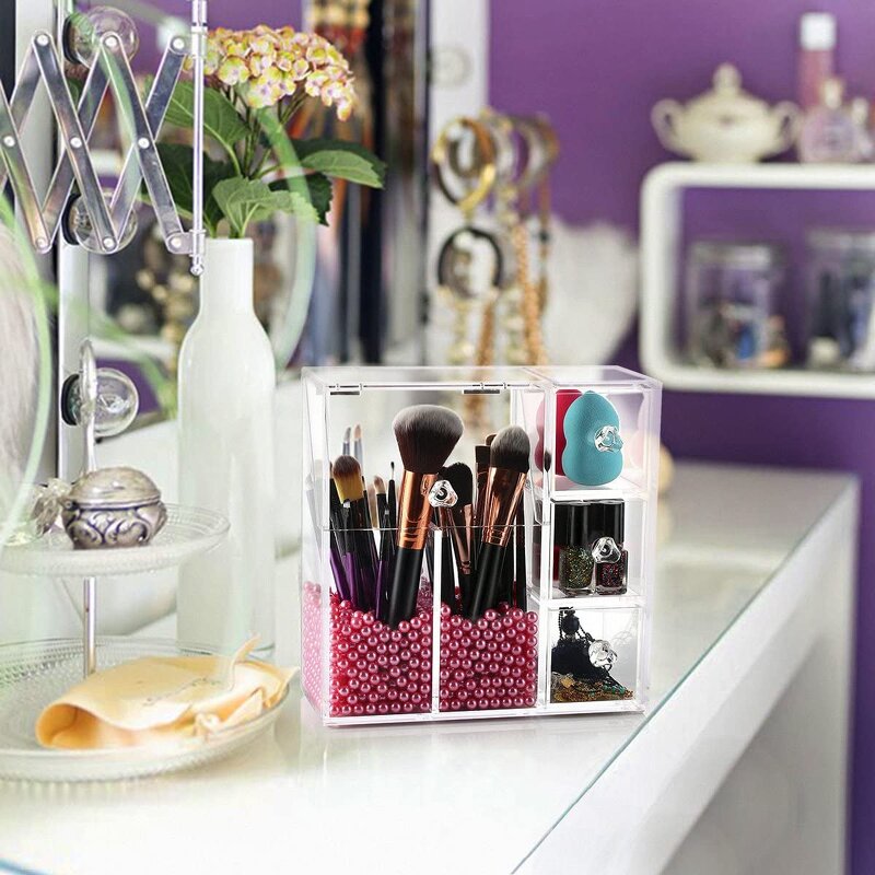 Makeup Brush Holder - Acrylic Organizer with 2 Brush Holders 3 Drawers Dustproof Box