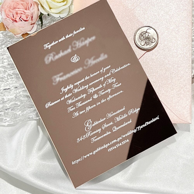 Wedding Invitation - Rose Gold Mirror with Monogram Wax Seal Luxury Acrylic Nautical