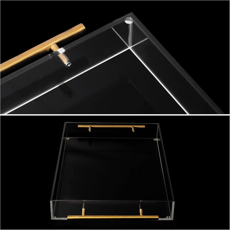 Acrylic Tray - High Quality Custom Designed 6x6 Clear with Gold Handles Square OEM