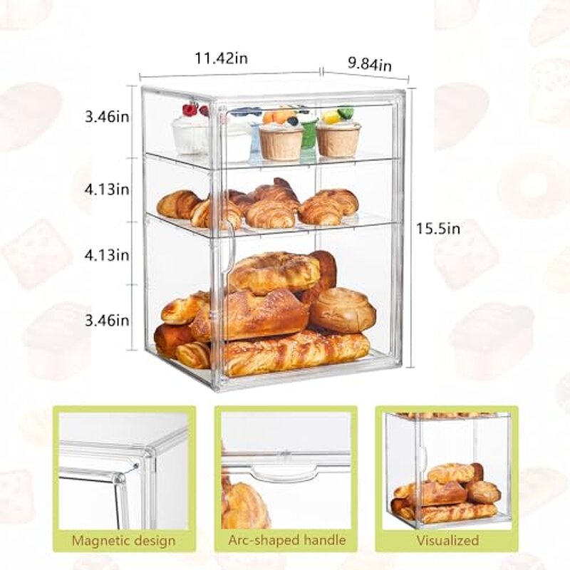 Pastry Display Rack - Adjustable 4-Layer Clear 15.5x11.4x9.8inch Bread Storage Magnetic