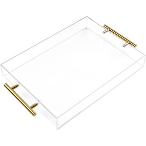 Serving Tray - 12"x16" Clear Acrylic with Golden Handles Sturdy Huge Capacity