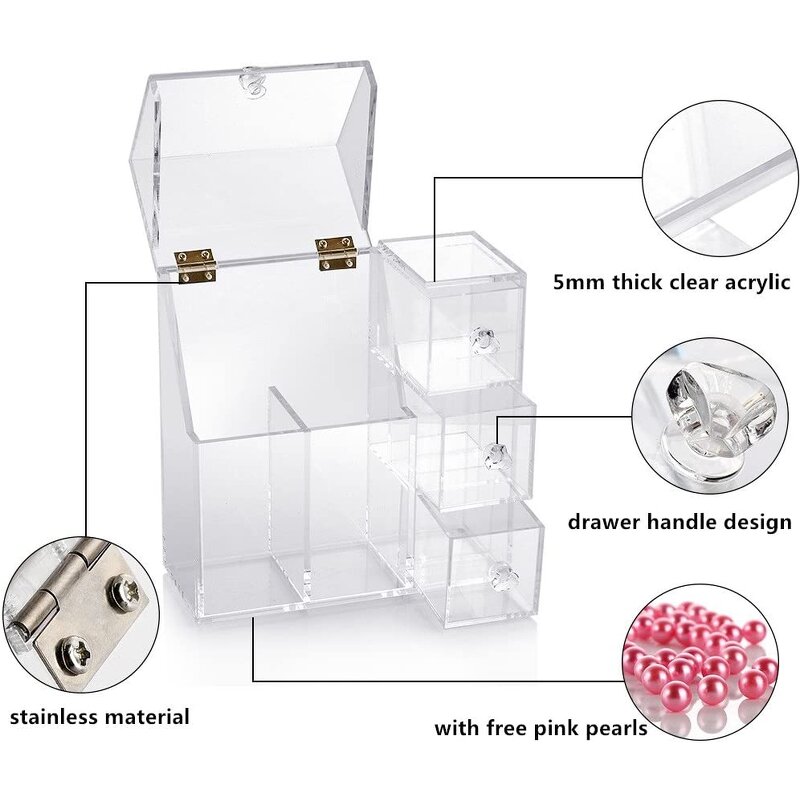 Makeup Brush Holder - Acrylic Organizer with 2 Brush Holders 3 Drawers Dustproof Box