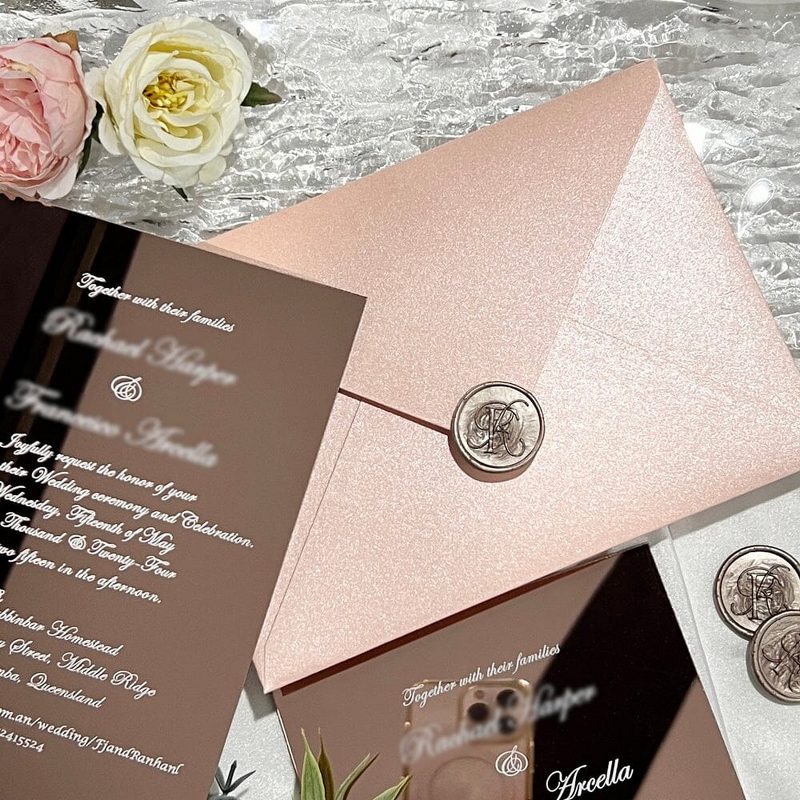 Wedding Invitation - Rose Gold Mirror with Monogram Wax Seal Luxury Acrylic Nautical