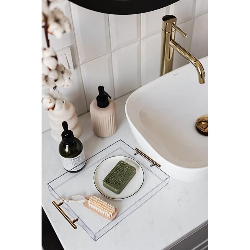 Serving Tray - 12"x16" Clear Acrylic with Golden Handles Sturdy Huge Capacity