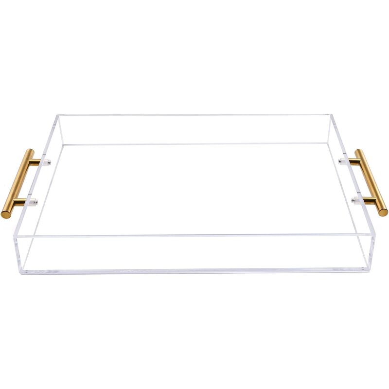 Serving Tray - 12"x16" Clear Acrylic with Golden Handles Sturdy Huge Capacity
