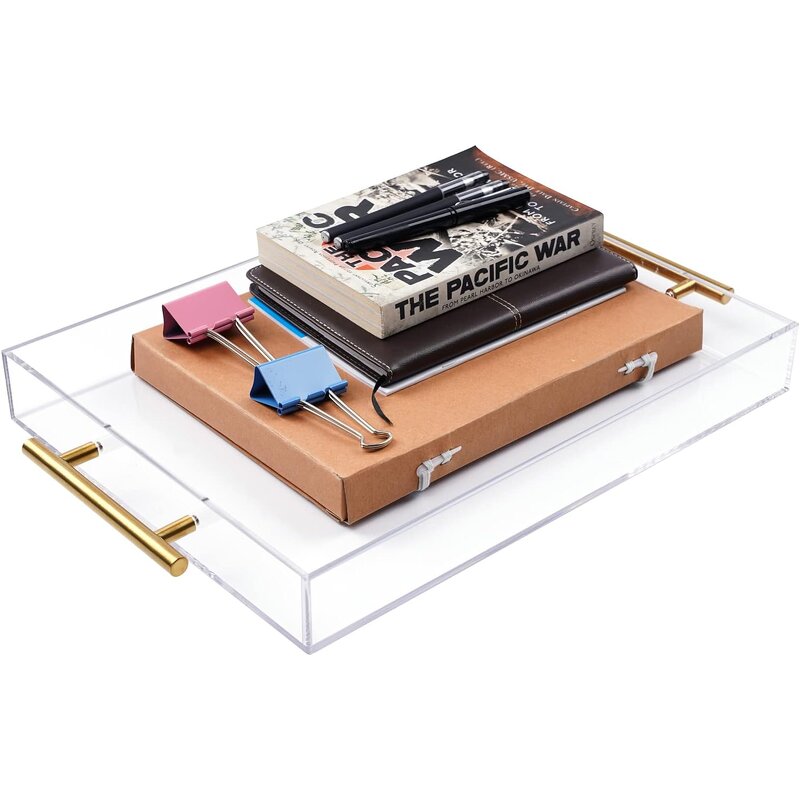Serving Tray - 12"x16" Clear Acrylic with Golden Handles Sturdy Huge Capacity