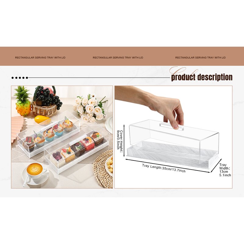 Cake Stand - Elegant Marbleized Grain Rectangular Acrylic with Lid Grey Serving Tray